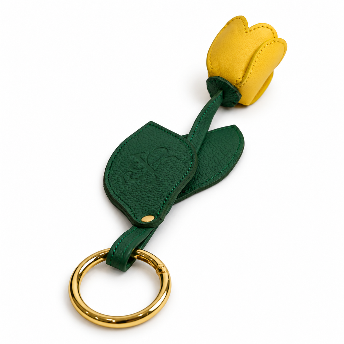Charm de tulipán con hojas verdes y argolla dorada